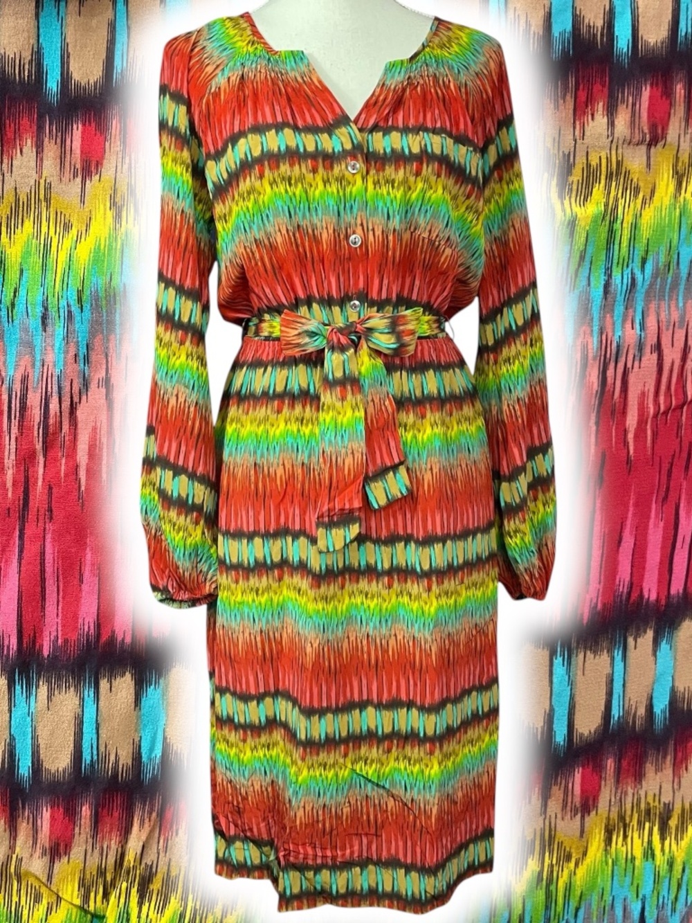 100% Silk Hippie Shirt Dress S Shirtdress Button-up Long Sleeve Midi Tie Waist